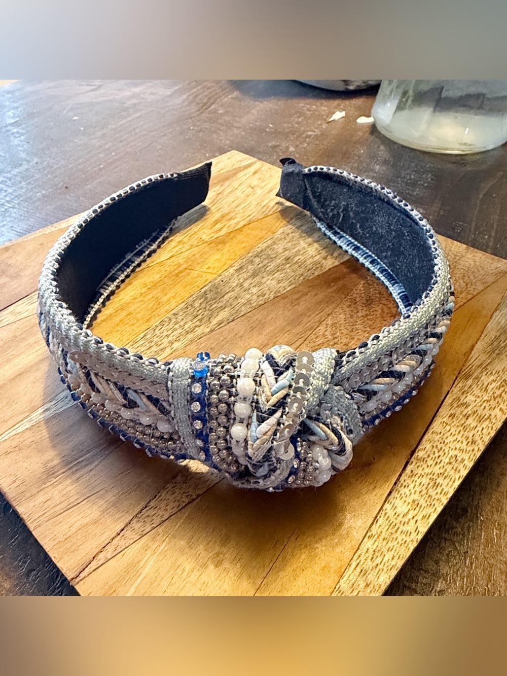 Embellished Knotted Fabric Headband in Blue, White and Silver NWT
